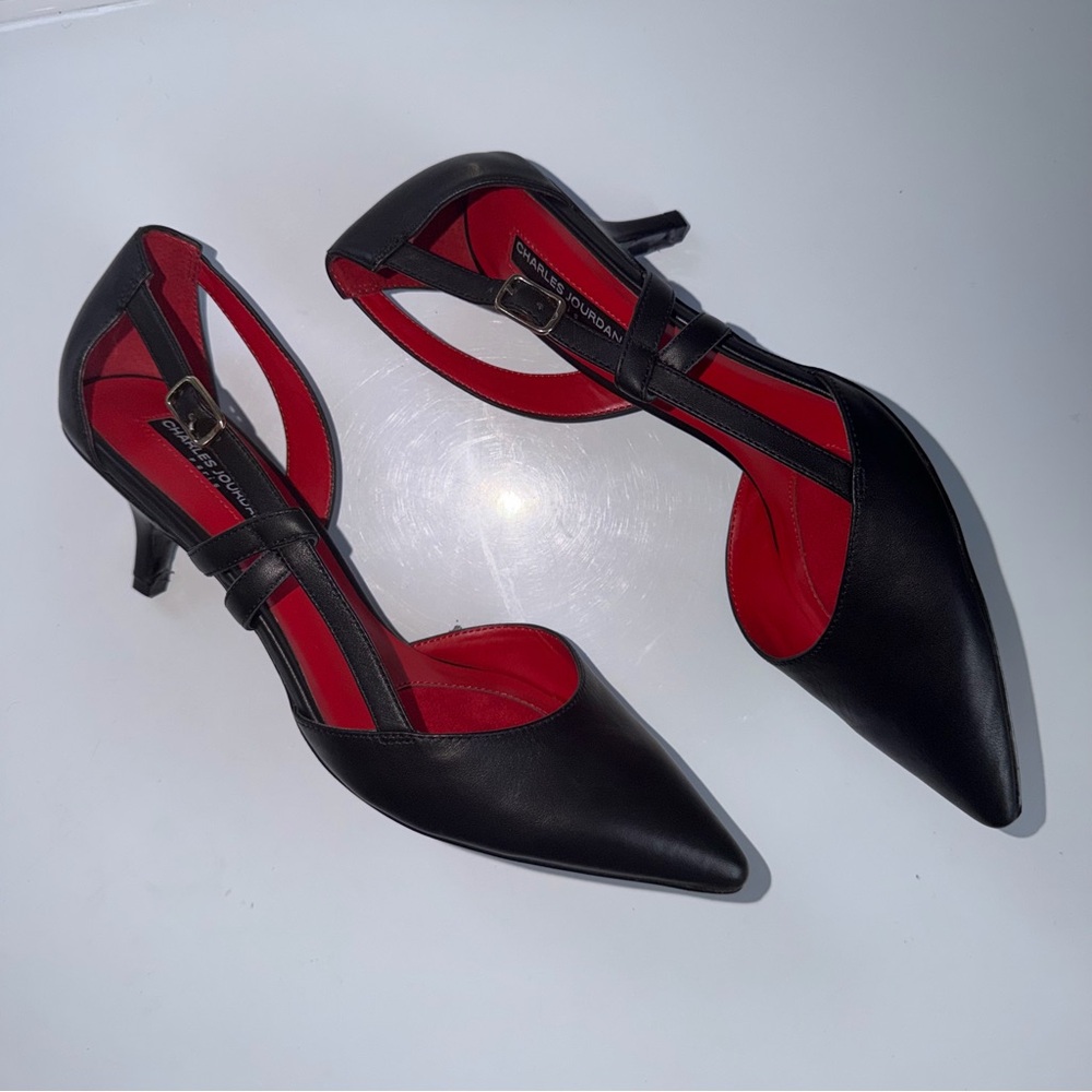 Charles Jourdan | Paris Fortune Womens Black Strappy Heels red interior Size 10 - Picture 3 of 6
